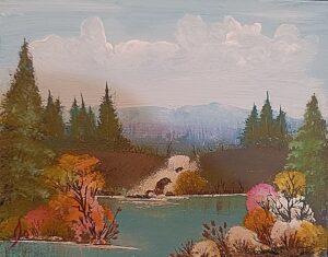 clouds-mtns-trees-waterfall-pond